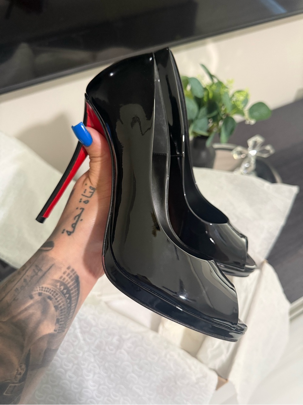Christian Louboutin Black Patent Peep-Toe Pumps with Red Sole